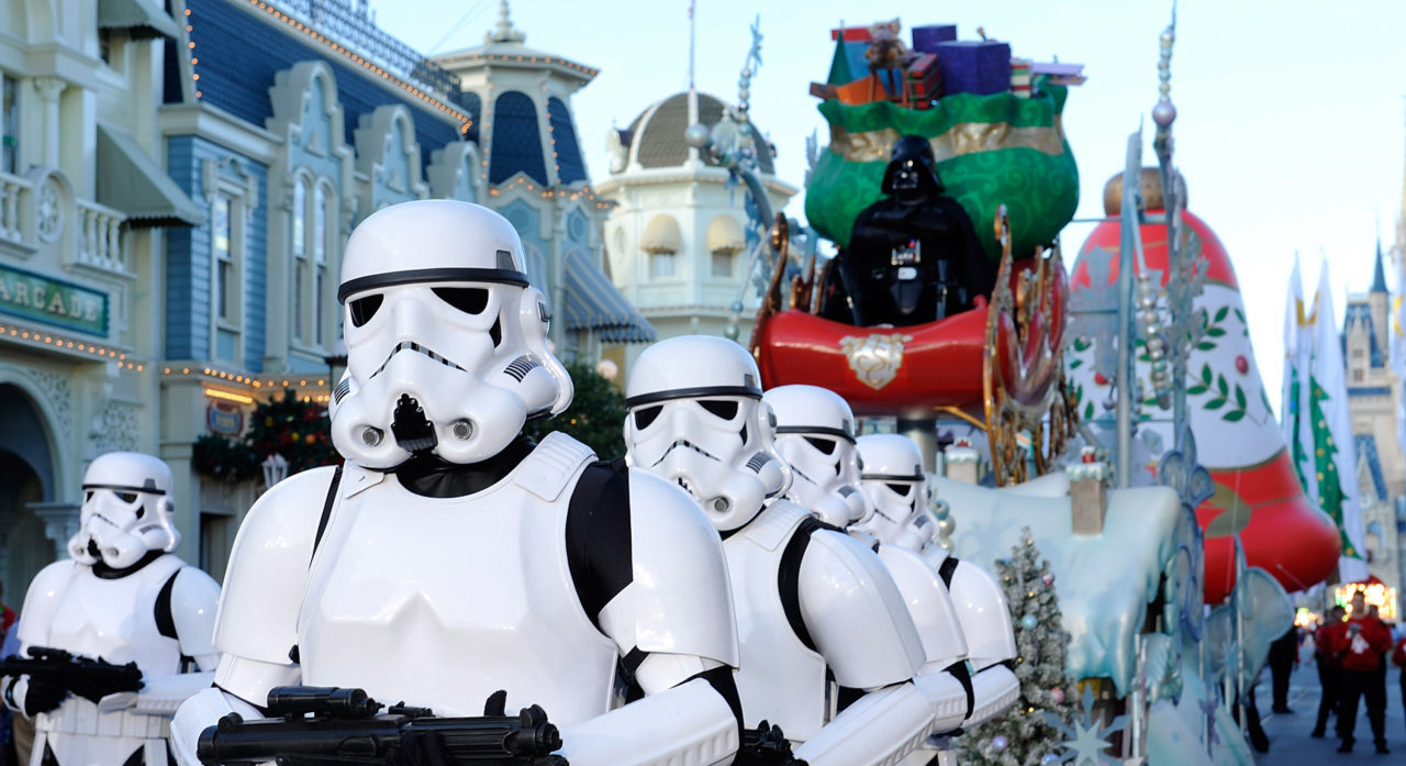 LAKE BUENA VISTA, FL - DECEMBER 07: In this handout photo provided by Disney Parks, Storm Troopers and Darth Vader participate in the Disney Parks Christmas Day Parade television special at Magic Kingdom Park at the Walt Disney World Resort on December 07, 2013 in Lake Buena Vista, Florida. The parade will air on December 25t.