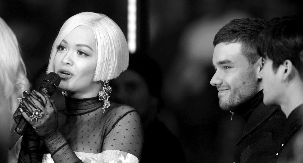 LONDON, ENGLAND - NOVEMBER 12: (EDITORS NOTE: Image was converted to black and white.) Rita Ora and Liam Payne in the Glamour Pit during the MTV EMAs 2017 held at The SSE Arena, Wembley on November 12, 2017 in London, England.