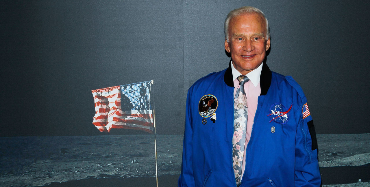 NEW YORK - MAY 31: Buzz Aldrin poses at new Intrepid Museum exhibition "27 Seconds" at Intrepid Sea-Air-Space Museum on May 31, 2010 in New York City.