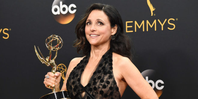 LOS ANGELES, CA - SEPTEMBER 18: Actress Julia Louis-Dreyfus, winner of Best Actress in a Comedy Series for "Veep", poses in the press room during the 68th Annual Primetime Emmy Awards at Microsoft Theater on September 18, 2016 in Los Angeles, California.