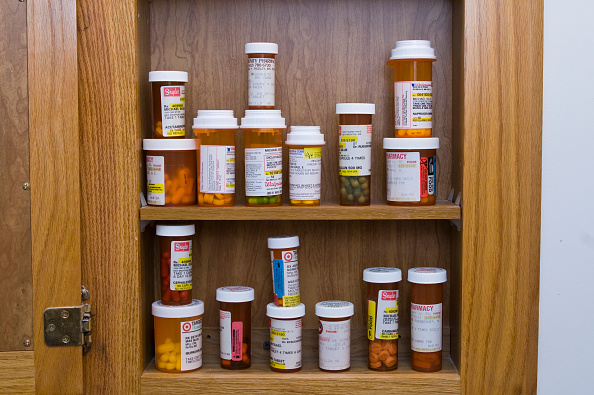 Still life, Medicine cabinet full of prescription pills. (Photo by: Education Images/Universal Imag...