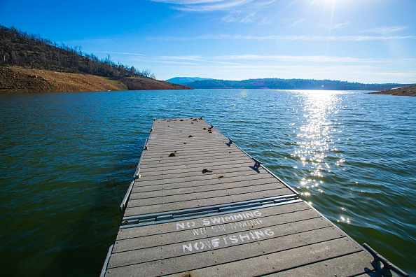 OROVILLE, CA - February 08, 2023: A boat dock floats at the Spillway Launch Ramp at Lake Oroville o...
